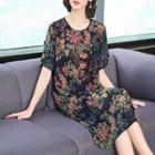 Short-sleeve Floral Midi Shift Dress
