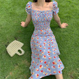 Floral Print Square-neck Puff-sleeve Midi Dress As Shown In Figure - One Size