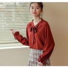 Tie-neck Bell-sleeve Chiffon Blouse Wine Red - One Size