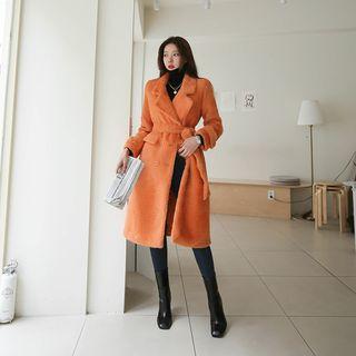 Double-breasted Eco Fur Coat & Sash Orange - One Size