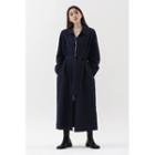 Collared Zip-up Maxi Dress With Sash Navy Blue - One Size