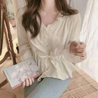 Drawstring-waist Linen Blouse
