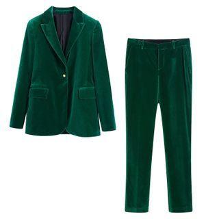 Single-button Velvet Blazer / Straight Leg Dress Pants