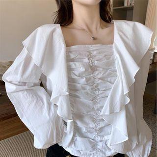 Ruffle Square-neck Blouse White - One Size