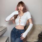 Set: Short=sleeve Cutout Knit Top + Arm Sleeves
