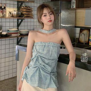 Plaid Halter Strapless Blouse Blue - One Size