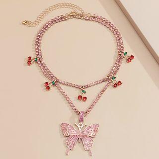 Butterfly Pendant Cherry Rhinestone Layered Choker