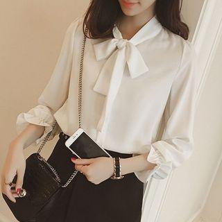 Tie-neck Chiffon Plain Blouse