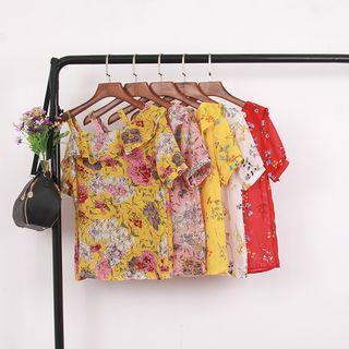 Short-sleeve Floral Print Cut-out Blouse