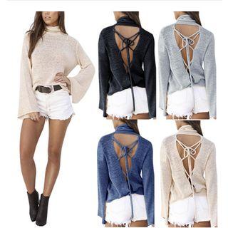 Long-sleeve Lace-up Back Knit Top