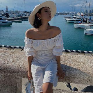 Boatneck Embroidered Mini Dress