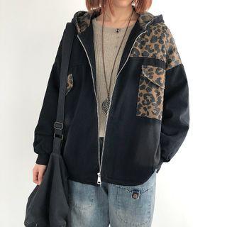 Hooded Leopard Print Panel Zip Jacket Black - One Size