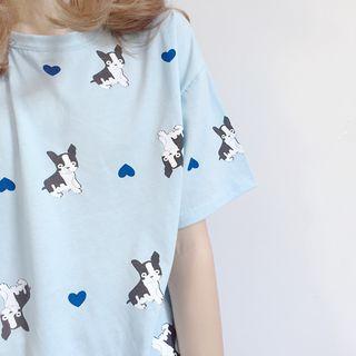Set: Dog Print Short Sleeve T-shirt + Striped Culottes