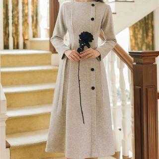 Long-sleeve Button-accent Midi A-line Dress