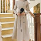 Long-sleeve Button-accent Midi A-line Dress