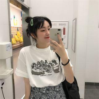 Short-sleeve Cartoon Print T-shirt / Floral Print A-line Skirt