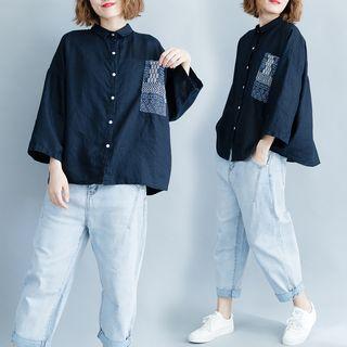 Long-sleeve Printed Shirt Blue - One Size