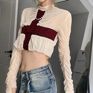 Long-sleeve Shirred Crisscross Crop T-shirt Beige & Wine Red - One Size
