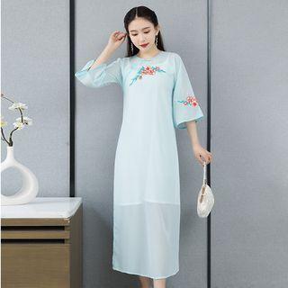 Flower Embroidered Midi A-line Dress / Slipdress