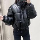 High Neck Faux Leather Zip Jacket