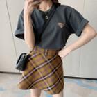 Set: Bear Embroidered Short-sleeve T-shirt + Plaid Mini A-line Skirt