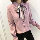 Corduroy Bow Accent Long-sleeve Blouse