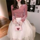 Velvet V-neck Long-sleeve Slim-fit Top / Mesh Midi Skirt