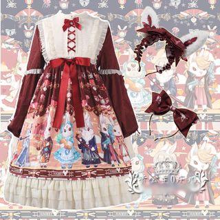 Cartoon Print Long-sleeve A-line Dress / Rabbit Ear Headband / Bow Headband / Set