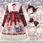 Cartoon Print Long-sleeve A-line Dress / Rabbit Ear Headband / Bow Headband / Set