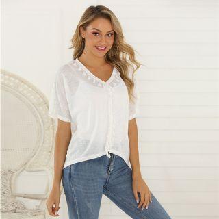 Short-sleeve Sheer Tasseled V-neck T-shirt