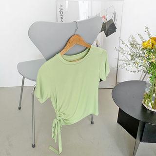 Drawstring-side Textured Cropped T-shirt
