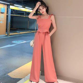 Set: Sleeveless Frill Trim Top + Wide-leg Pants