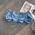 Off-shoulder Drawstring Denim Crop Blouse
