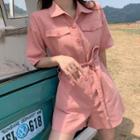 Short-sleeve Plain Cargo Jumper Shorts Pink - One Size