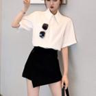 Set: Short-sleeve Plain Blouse + Asymmetrical Skirt