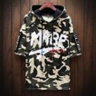 Elbow-sleeve Lettering Camo Hooded T-shirt