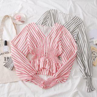 Gather-waist Striped V-neck Blouse