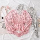 Gather-waist Striped V-neck Blouse