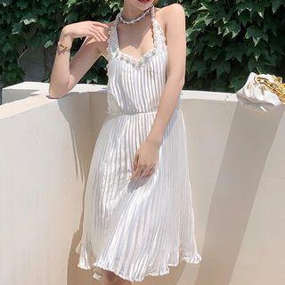 Halter Neck Midi A-line Pleated Dress