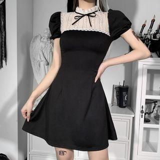 Puff-sleeve Mock-neck Lace Panel Mini A-line Dress
