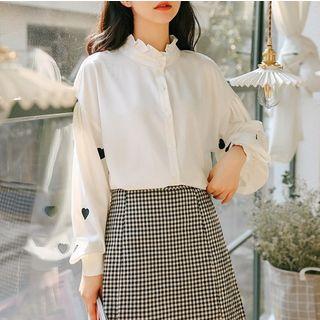 Long-sleeve Frill Trim Heart Printed Chiffon Buttoned Top
