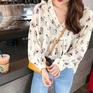 Floral Print V-neck Chiffon Blouse Almond - One Size