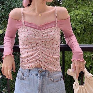 Long-sleeve Off-shoulder T-shirt / Floral Camisole Top