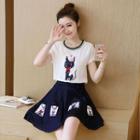 Set: Cat Applique Short-sleeve Top + A-line Denim Skirt