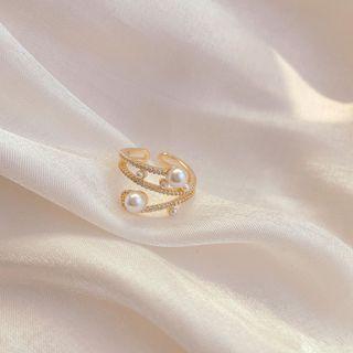 Faux Pearl Layered Alloy Open Ring 1 Piece - Gold - One Size