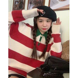 Striped Polo Sweater Stripe - Red & White - One Size
