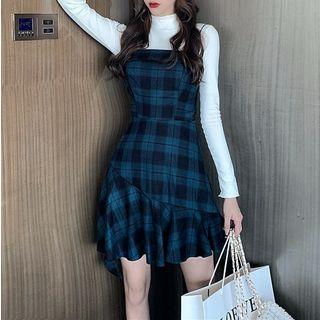 Mock-turtleneck Long-sleeve T-shirt / Plaid A-line Pinafore Dress