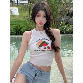 Strawberry Print Crop Tank Top White - One Size