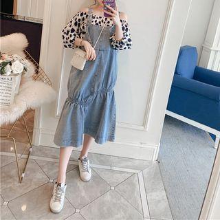 3/4-sleeve Patterned Top / Midi Denim Dungaree Dress
