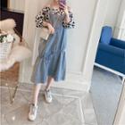 3/4-sleeve Patterned Top / Midi Denim Dungaree Dress